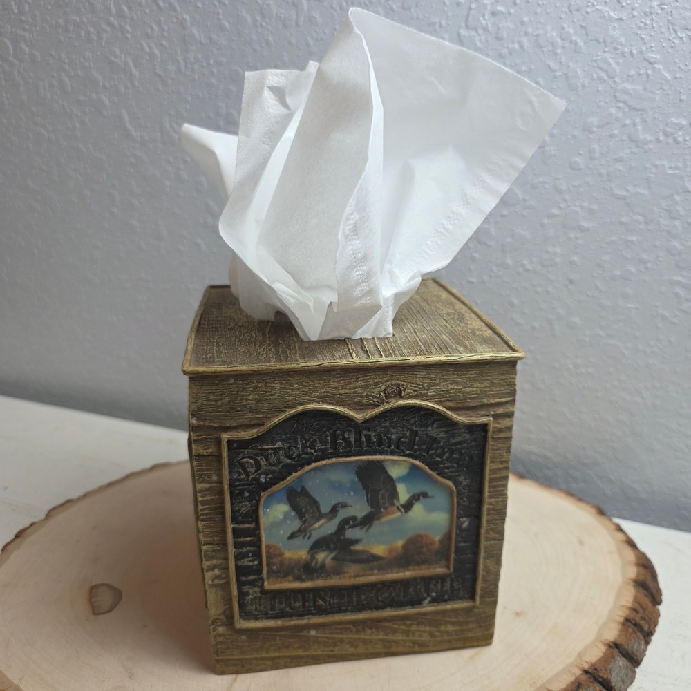 Rustic Lodge Wildlife Tissue Box Cover Resin Faux Wood Deer Duck Dog Cabincore